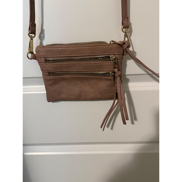 Handbags - Mauve Taupe Pebbled Faux Leather Crossbody Bag with Leopard Lining